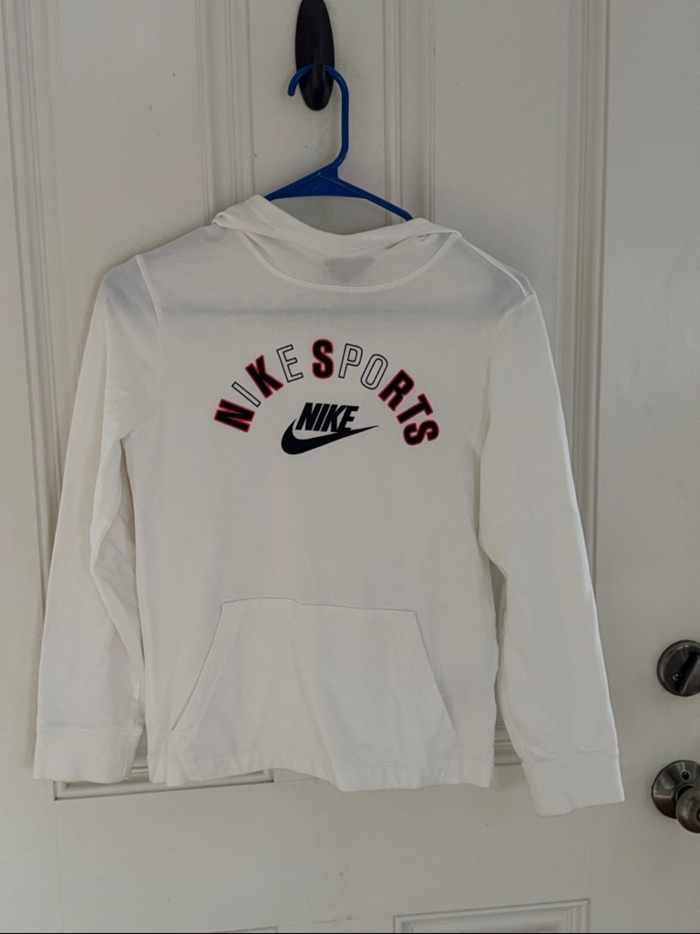 Nike White Pullover Hoodie with Black Swoosh and Red Accents